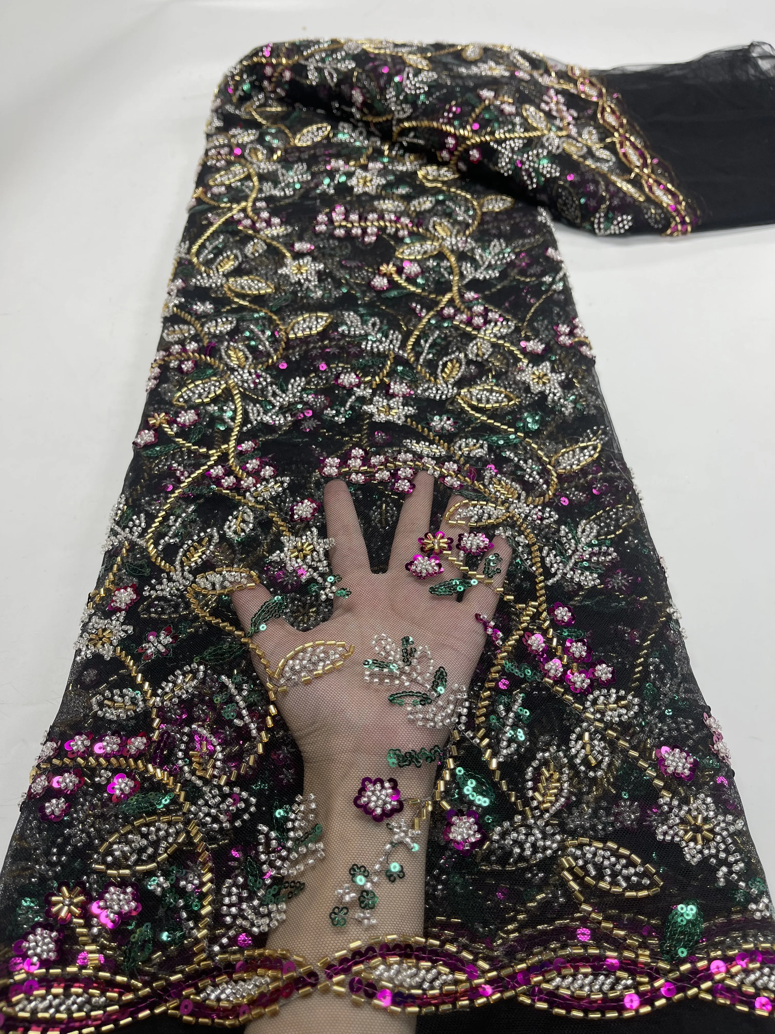 African Sequins Beaded Lace Fabrics 2023 High Quality Sequence Embroidery French Nigerian Lace Fabric For Wedding Sewing JY45K