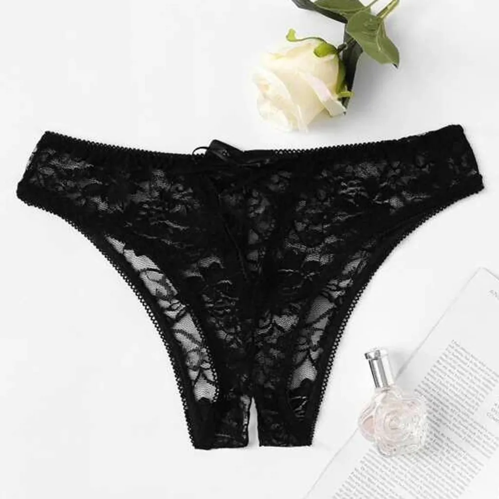 Women's Panties Female Sexy Lingerie G-String T-back Cute Bow Erotic Underwear Transparent Lace Embroidered Open Crotch Thongs