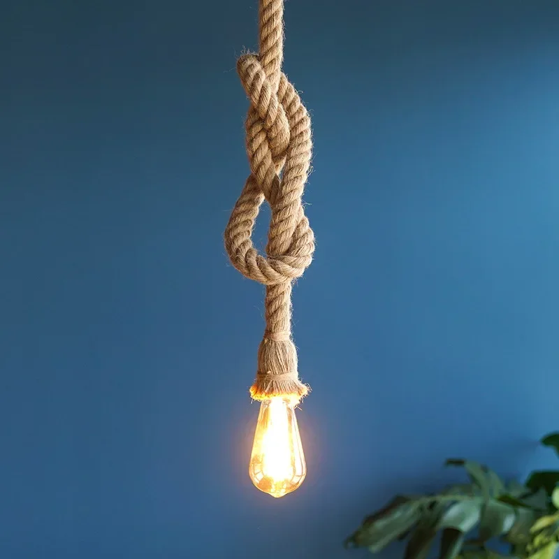 Vintage Sisal Hemp Rope Tie Pendant Lamp Hanging Ceiling Light Chandelier Retro Lustre Loft Creative Industrial Home Room Decor