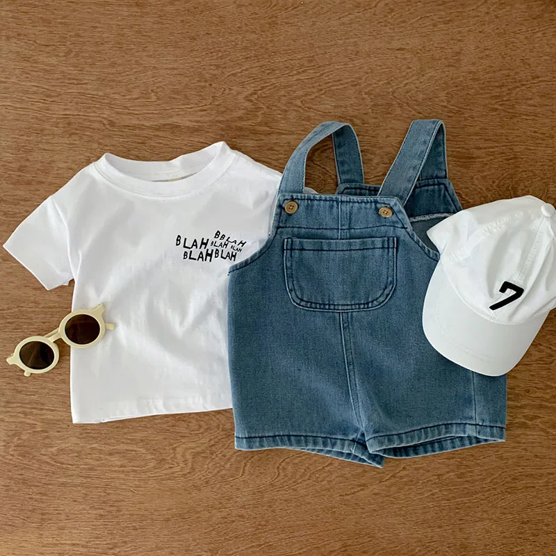 CEL 2024 Summer Toddler Baby Clothing Set 2025 Girls T-shirt Suit Infant Solid new Tee and Denim Overall Shorts Boys Outfit