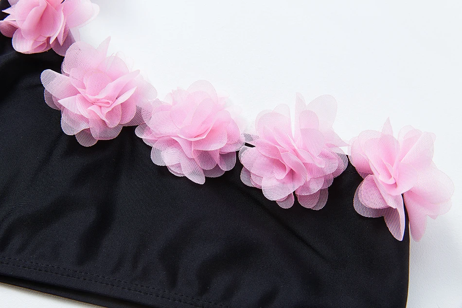 2021 Girls Swimsuit Oblique Shouldered Two Piece Children's Swimsuit Black Oblique Shouldered Swimsuit Pink Flower Bikini Set