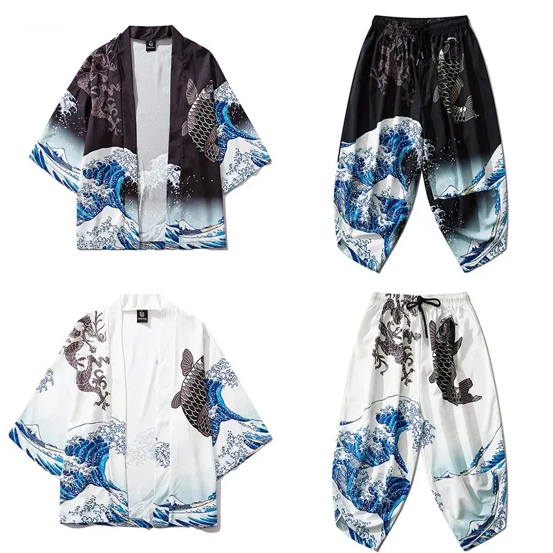 Men Japanese Kimono Traditional Casual Two Piece Set Coat new and Pants Asian 2025 Clothes Harakuju Wave Carp Print Kimono Cardigan