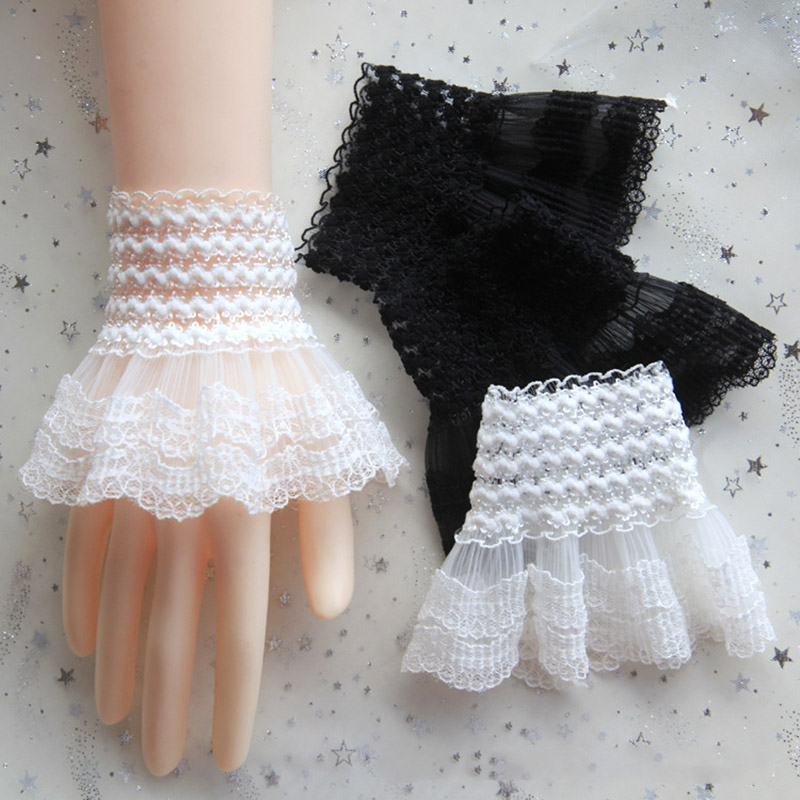 1Pair Girls Sweet Detachable Fake Flare Sleeve Lace Pleated Ruffles Decorated Cuffs Lolita Sleeves Elastic Universal Fake Cuff