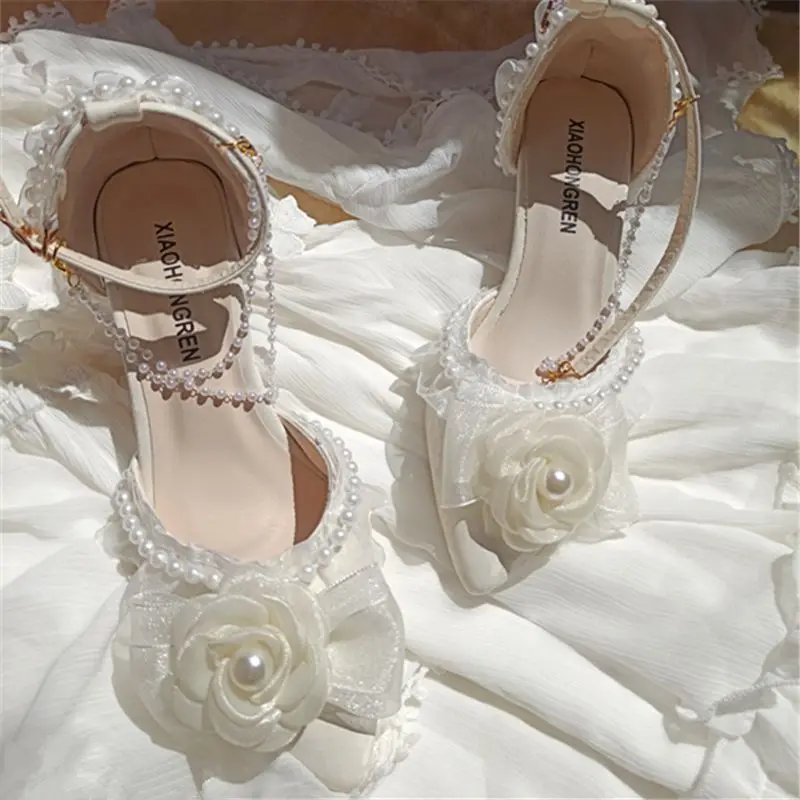 Lolita elegant party dresses for women 2024 wedding bridal shoe pointed toe heels Pretty shoes designer ladies heel beige high-e