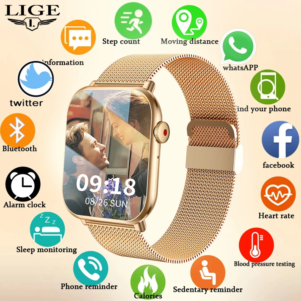 LIGE 1.96 inch Large Screen Smart Watch Women Body Temperature Blood Oxygen Monitor Voice Assistant Emergency SOS Smartwatch Men