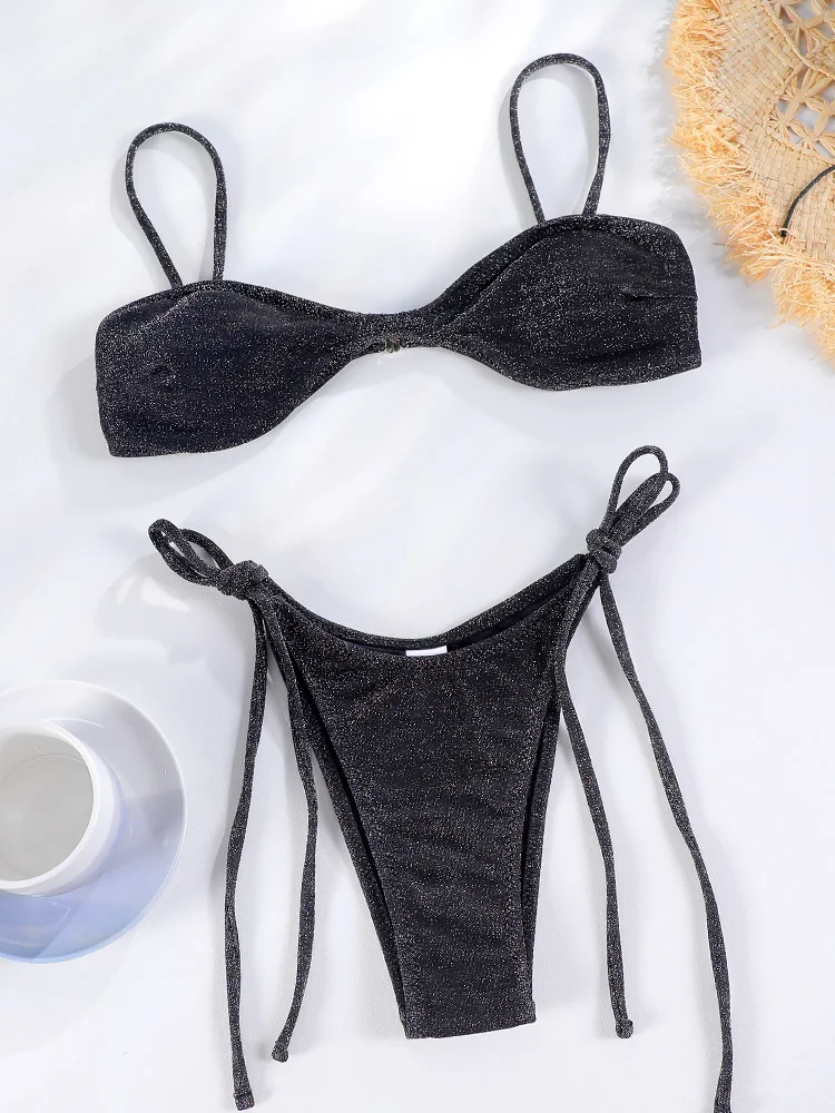 Rinabe Black Swimsuit Shiny Bikini Sexy Swimwear Women String Bathing Suit Brazilian Bikini Solid Color Beachwear