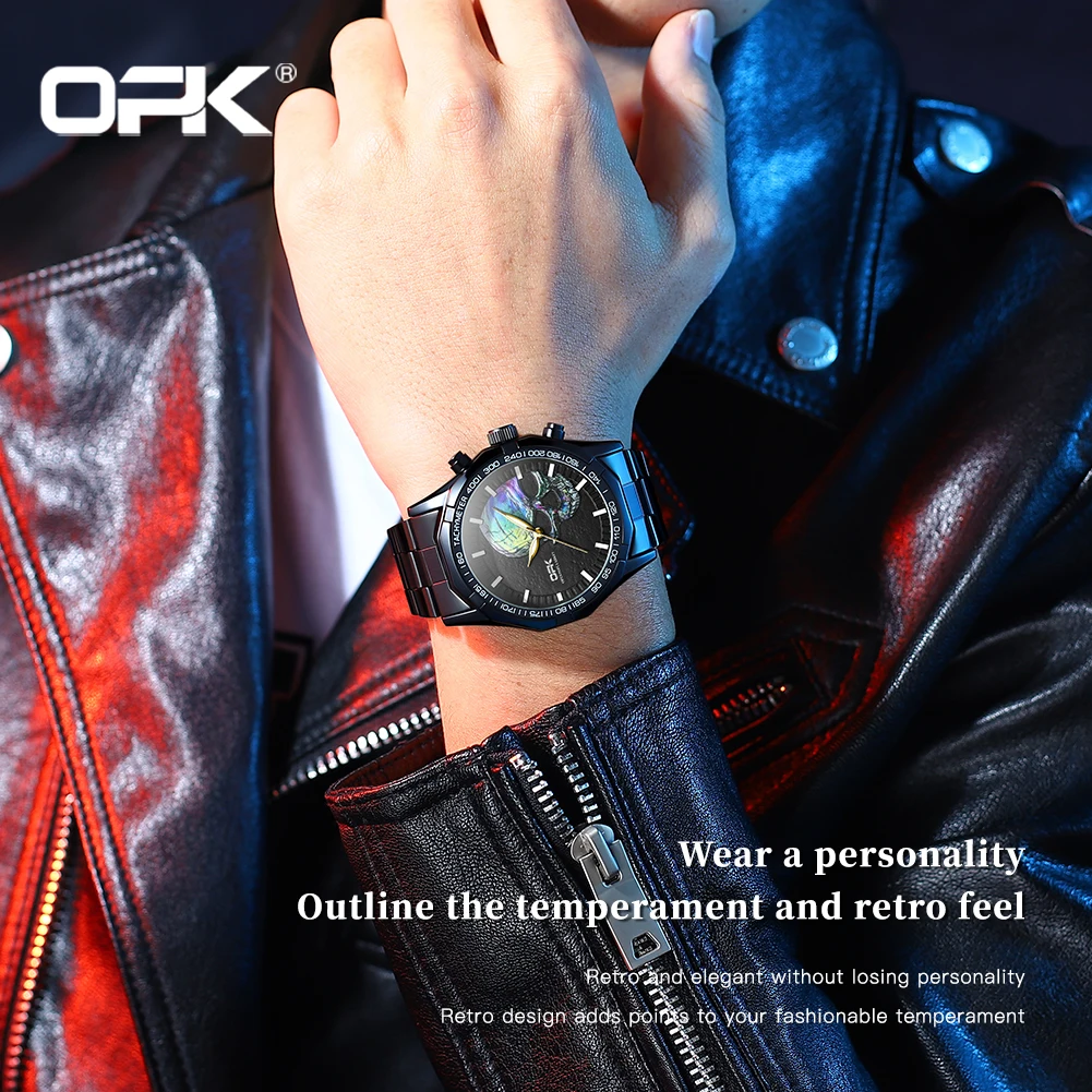 OPK Trendy Cool Original Men's Quartz Watch Classic Skull Embossed Night Glow Waterproof Men's Personalized Watch Luxury Watch
