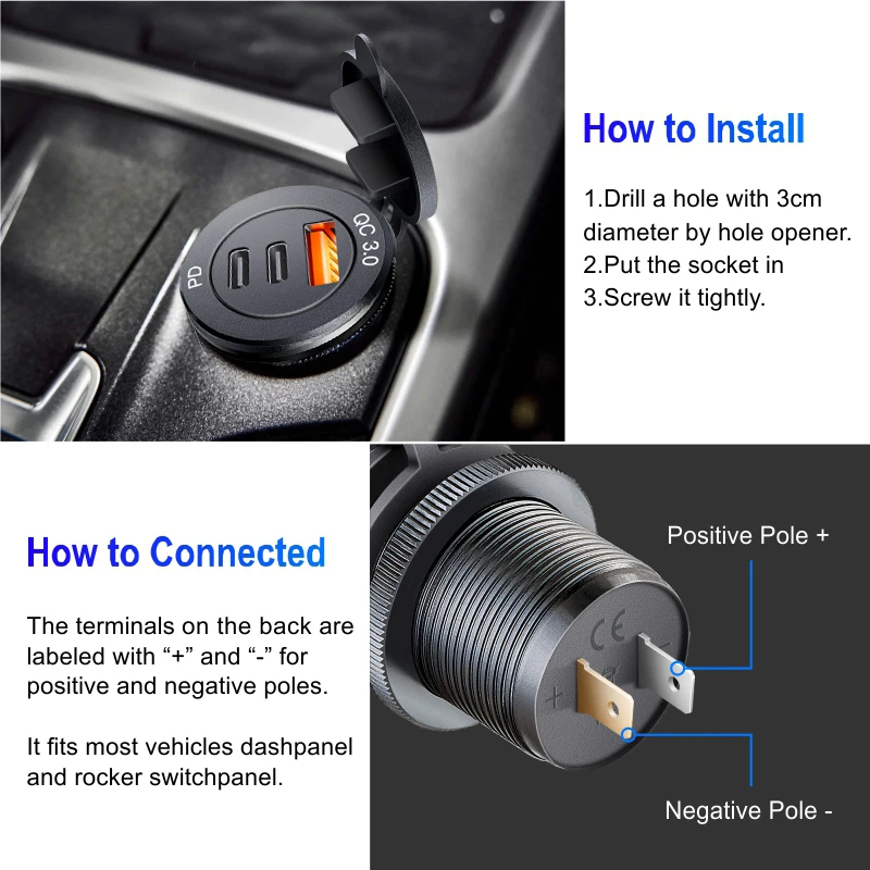 Usb outlet usb 3.0 socket 60W Type-c Outlet Fast Charging adapter for new 12V 24V Car Truck Motorcycle 2025 RV Marine Motorcycle