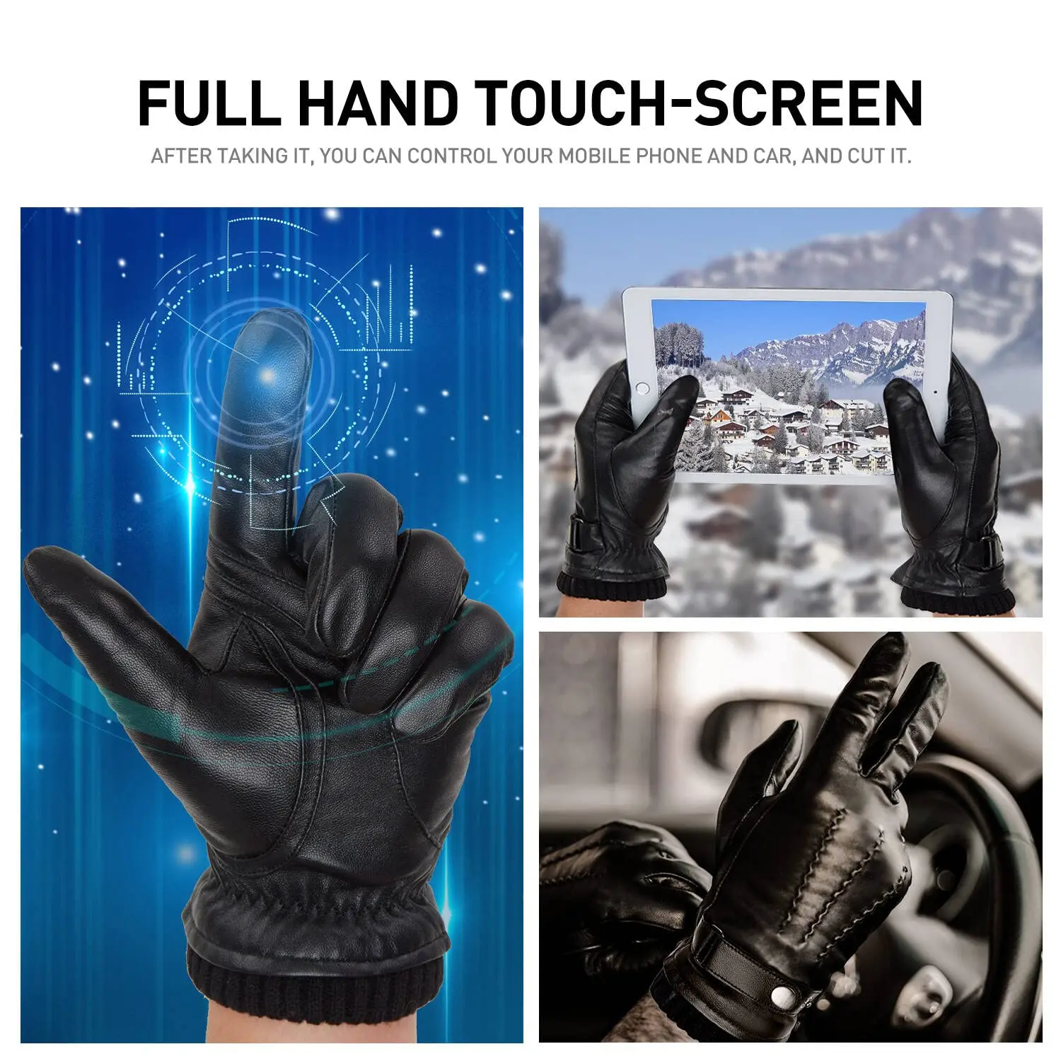 BISON DENIM 100% Genuine Leather Sheepskin Gloves Men Winter Warm Fleece Touch Screen Gloves Driving Cycling Running Ski Gloves