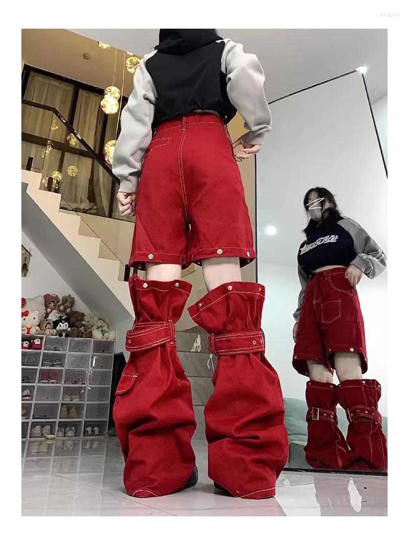 Womens Jeans REDDACHiC White Seam Deconstructed Cargo Pants Y2k Red Low Rise Baggy Wide Leg Jorts Shorts Warmers Women 2-piece Set Z260313