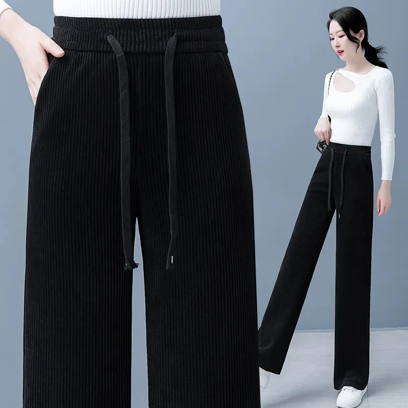 Basic Lace 2025 Up Baggy Pantalones Mom Spring Autumn Solid Color High Waist Straight new Trousers Casual Corduroy Wide Leg Pants Women