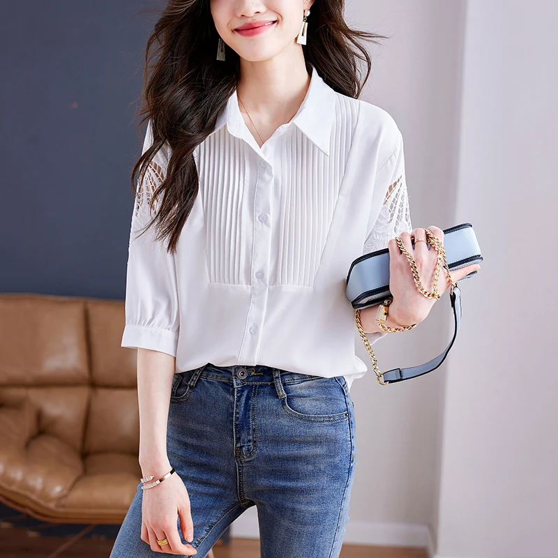 2023 Spring Commuting Long-sleeved new shirt Turndown collar Vintage 2025 Women embroidery Lace Tops Hollow out White Blouse