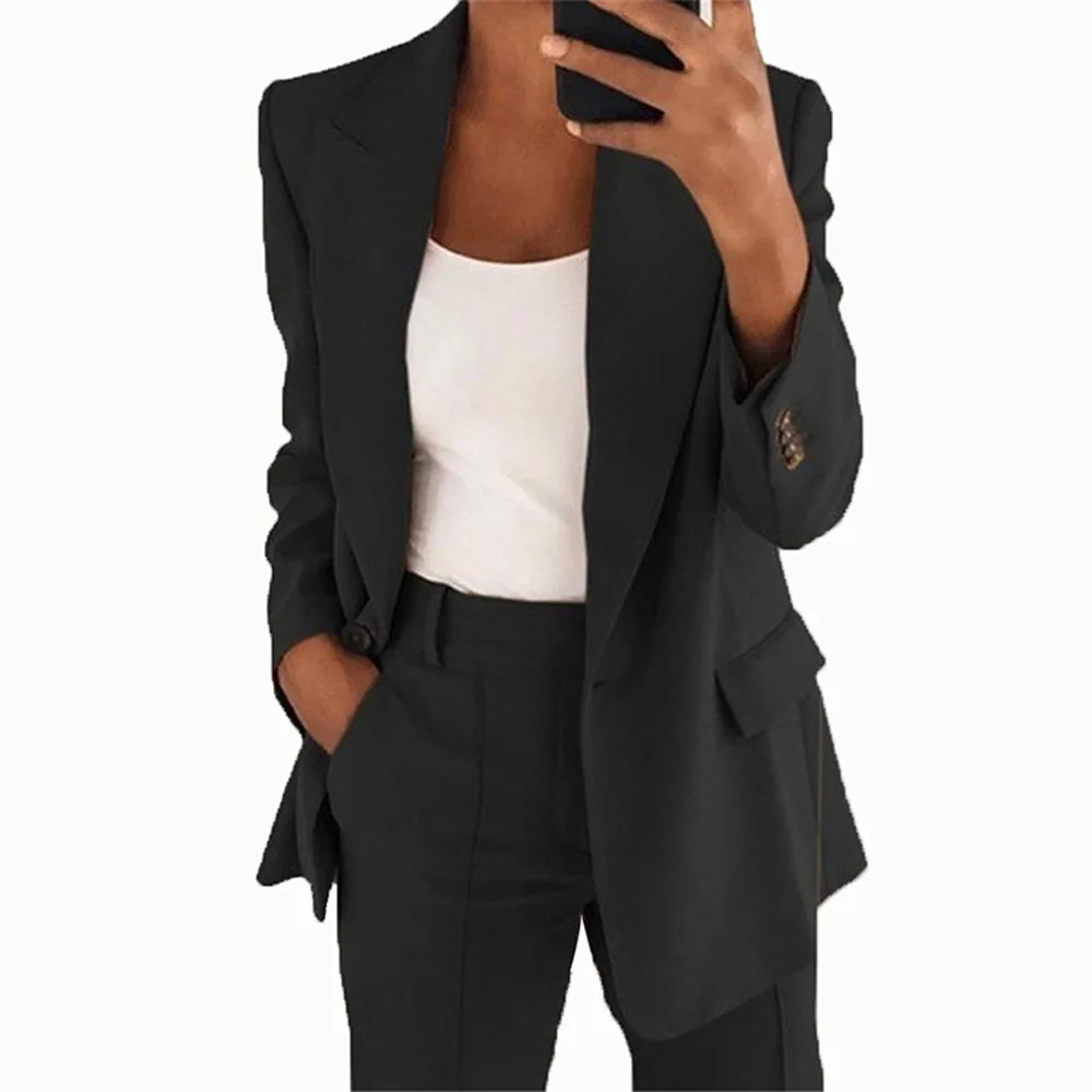 Suit Jacket Women Blazer Two Piece Set Clothse Solid Office Lady Clothing Long Sleeves Overcoat Autumn Winter Temperament Outfit 240329