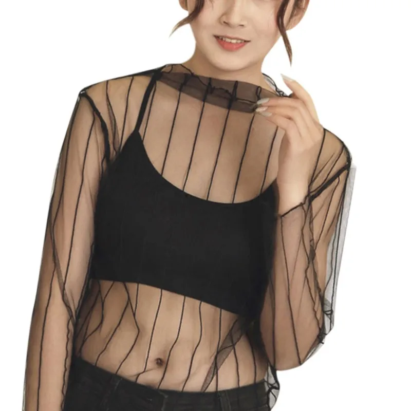 Women Mesh Long Sleeve Tops Hot Sexy new Transparent High Neck Black Lace Bottoming Shirts Punk Chic T 2025 Shirt Women