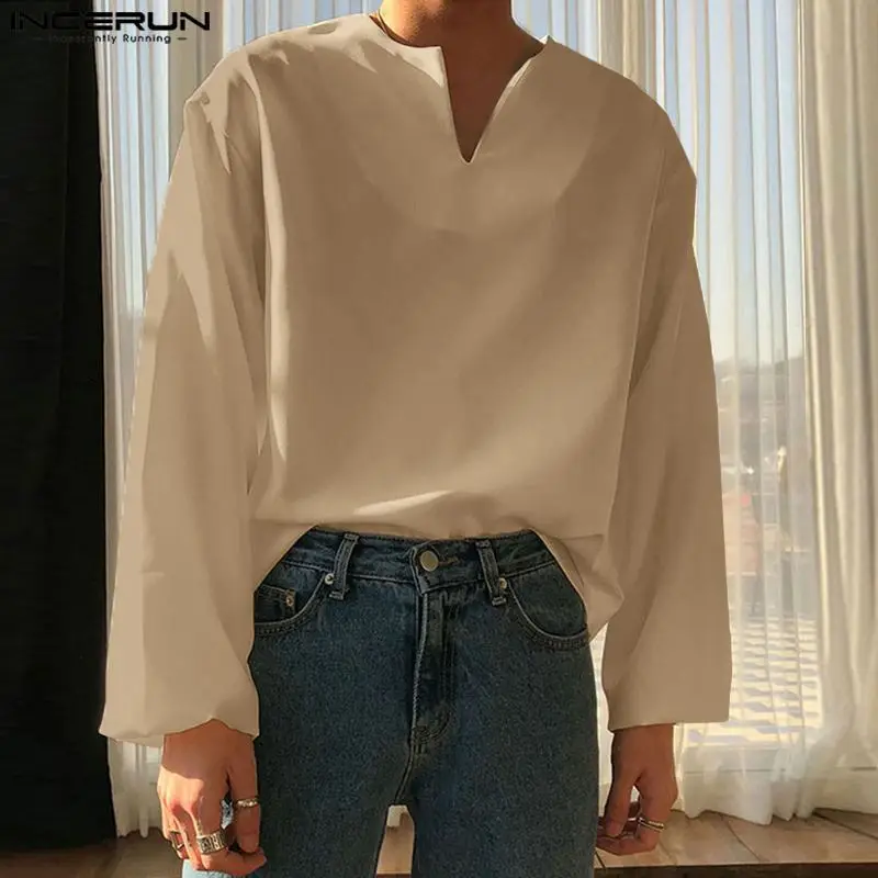 INCERUN 2023 Men Shirt Solid Color V Neck new Long Sleeve Loose 2025 Vintage Men Clothing Streetwear korean Style Casual Shirts S-5XL
