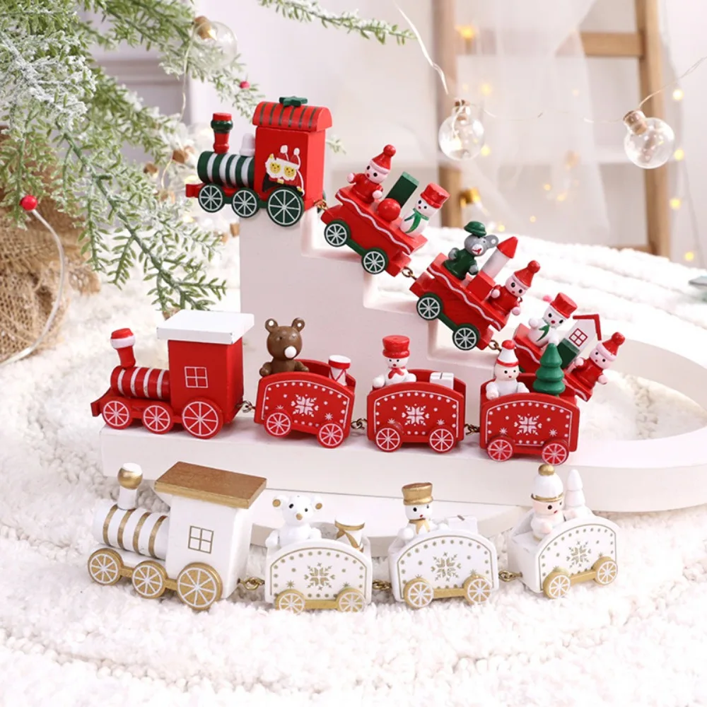 Wooden Christmas Train Ornament Baby Toys Cute Painted Toy Train with Santa Claus Snowman Crafts for New Year Xmas Kids Gifts