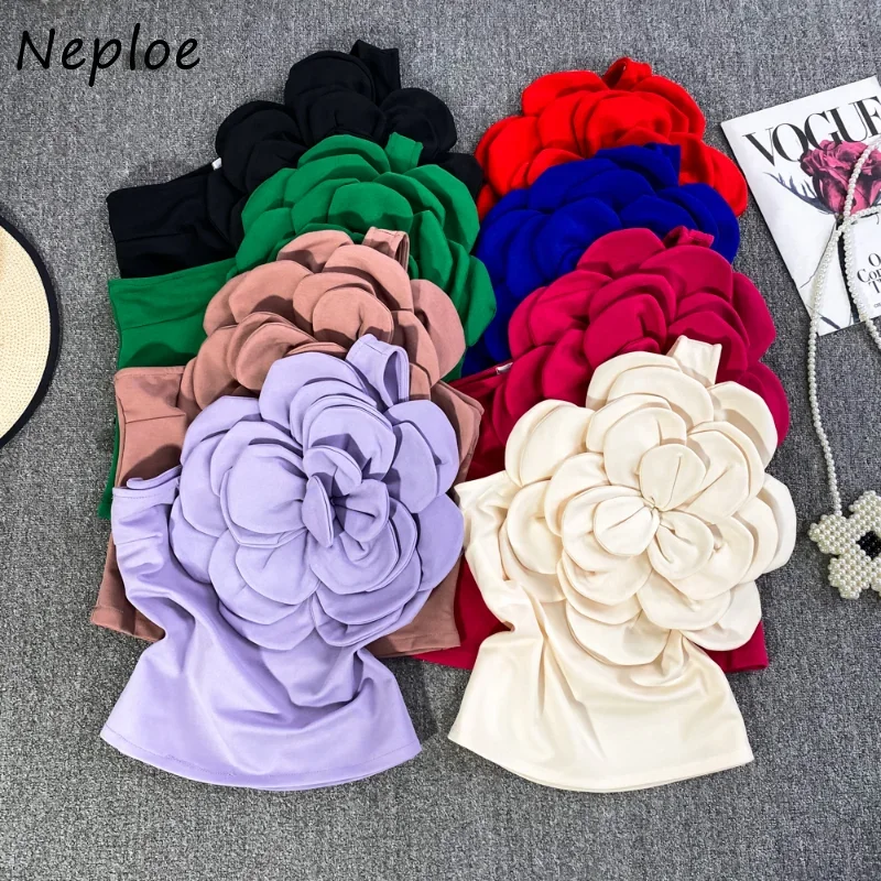 Neploe Sexy Spicy Girl 3D Large Flower Oblique Collar One Shoulder Camisole 2024 Female Korean Slimming Open Back Outwear Tops