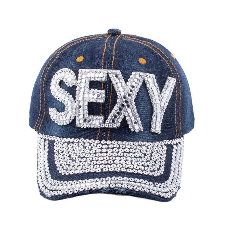 Women's Studded Dark Denim Baseball Cap Bling with Rhinestone Letter Sexy