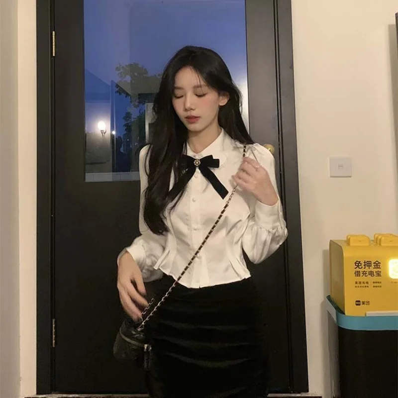 QWEEK White Shirts Woman new Kawaii Lace Lolita Blouses Sweet Tunics Fairycore Peter Pan Coller Crop Long 2025 Sleeve Tops Preppy Korean