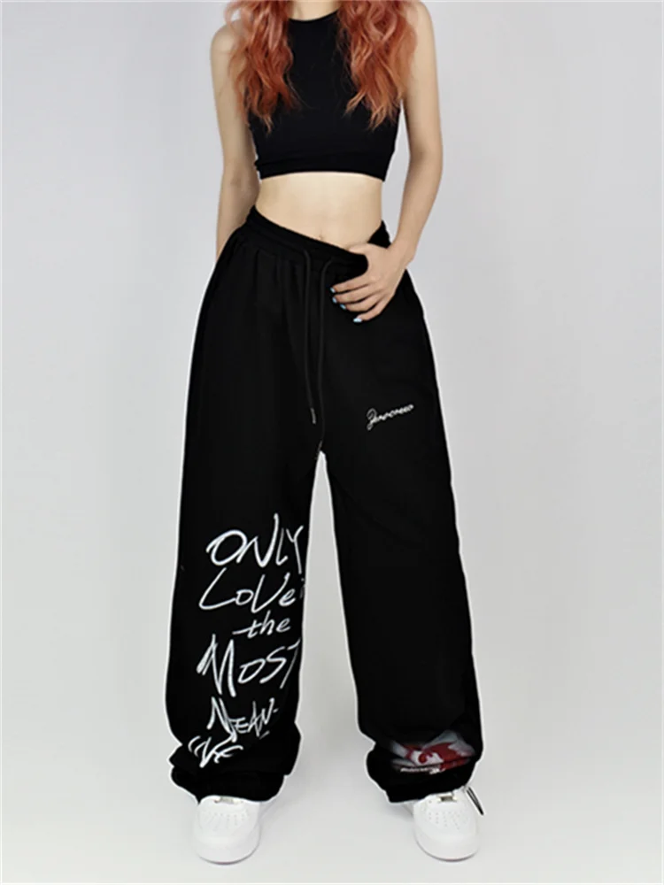 QWEEK Y2K Streetwear White Sweatpants Women Korean Style Letter Print Black Track Pants Oversized Harajuku Kpop Hip Hop Joggers