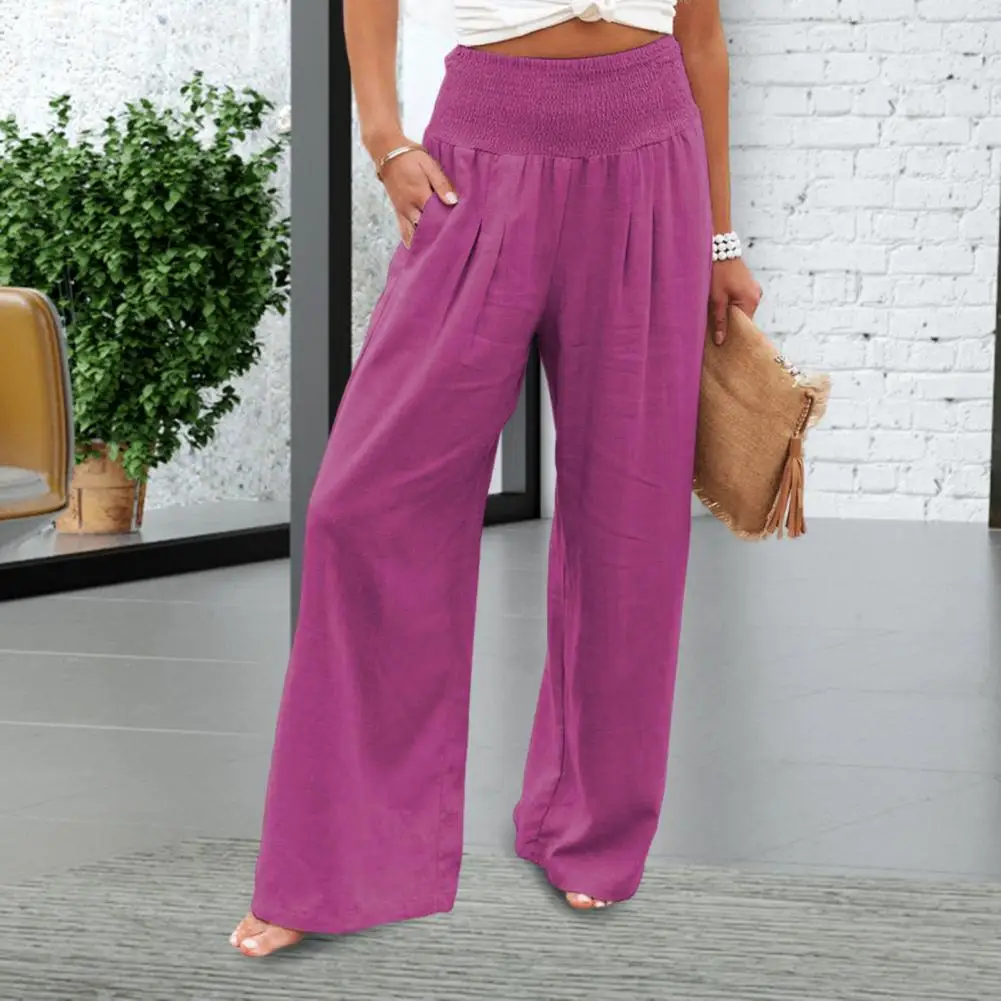 Women Summer Pants Solid Color 2025 new Wide Leg Mid Elastic Waist Full Length Loose Soft Breathable Lady Pockets Trousers Sweatpants