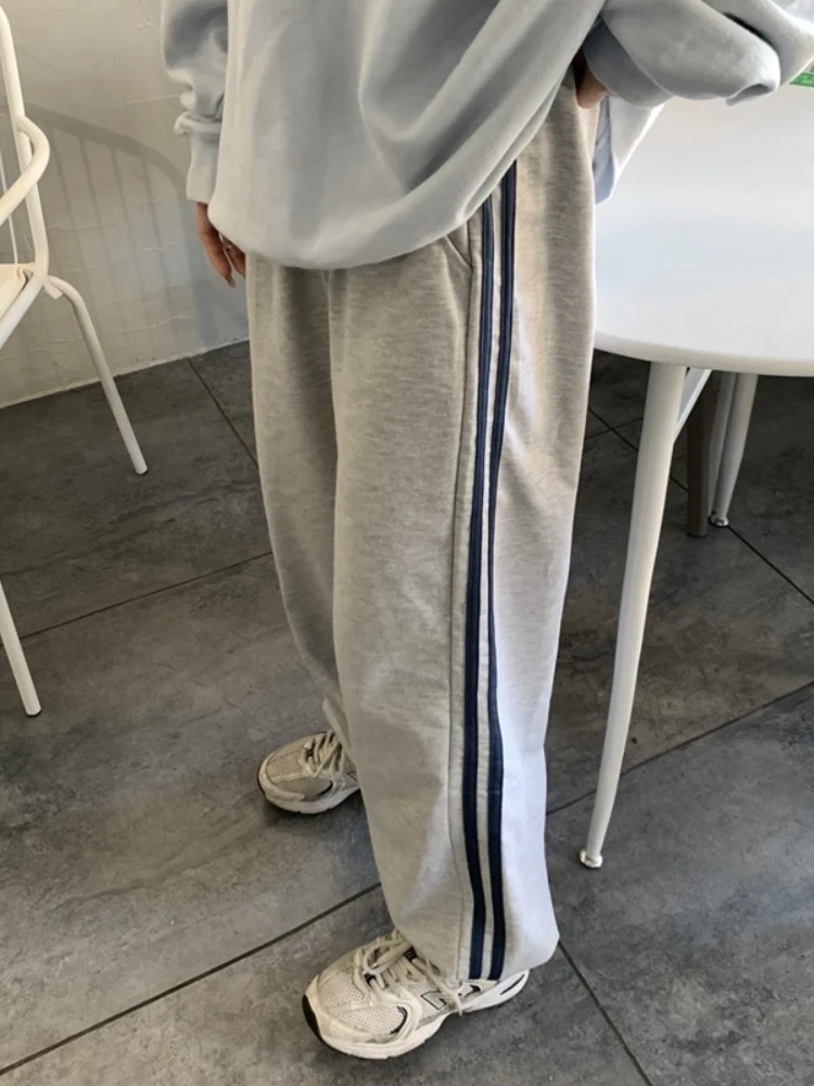 HOUZHOU Casual Sweatpants Women Korean Style Classic Sports Pants Oversize Summer Joggers Baggy Gray Black Striped Wide Trousers