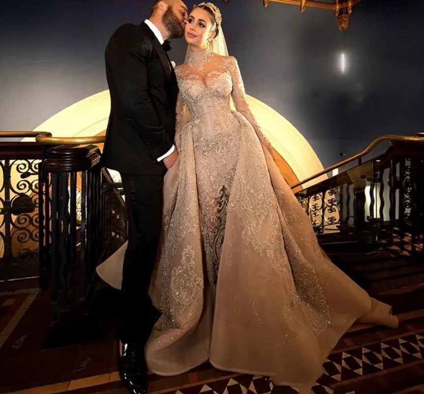 2024 Arabic Champagne Mermaid Wedding Dress With Detachable Train High Neck 3D Lace Appliques Long Sleeves Bride Gowns Vestidos De Noivas
