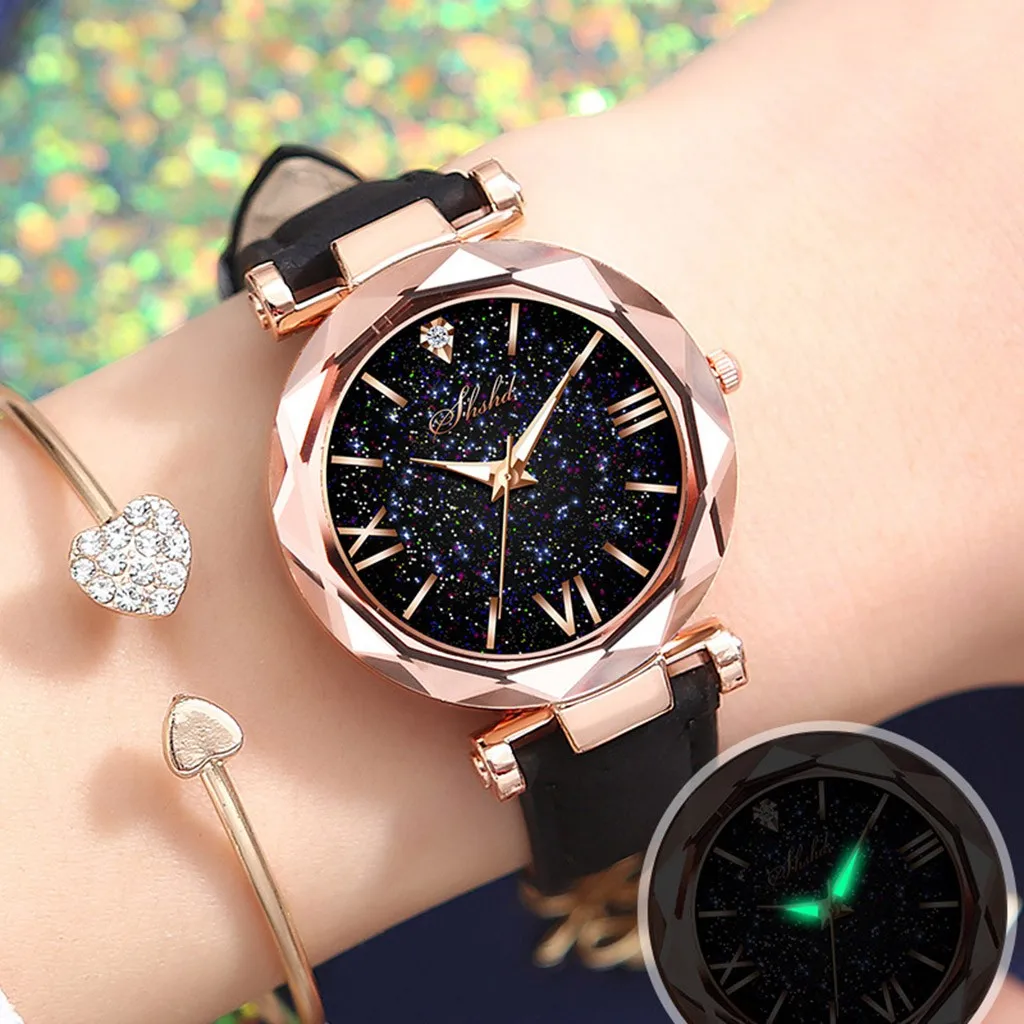 Top Brand Luxury Watch Women Stars Little Point Frosted Quartz Watch Leather Band Watch Analog Wrist Watch Ladies Reloj Mujer