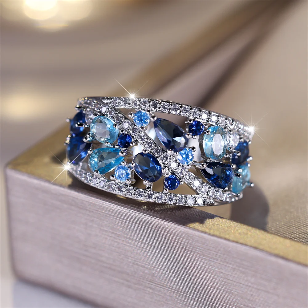 Royal Blue Crystal Water Drop Stone Ring Simulated Aquamarine Engagement Rings For Women Vintage Silver Color Wedding Party Band