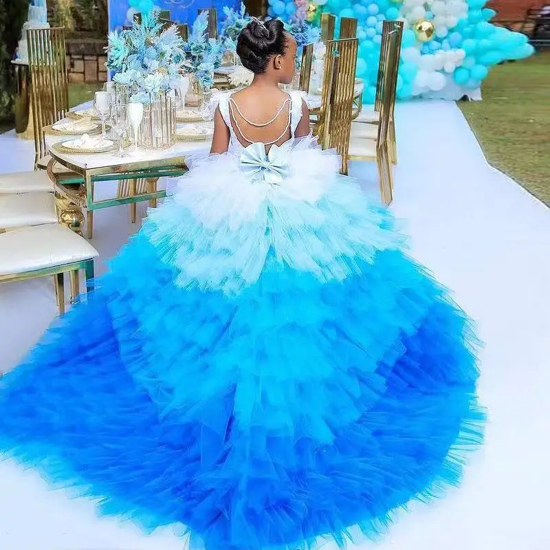 new White And Blue Coloful Tiered Flower Girls Dresses Puffy Tulle Ruffles Skirt Kids Birthday Party 2025 Feather Child Pageant Gowns