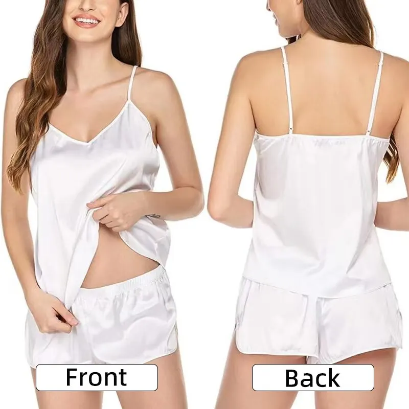 Women Sexy Ice Silky Pajamas Nightclothes Sleepwear Camisole And Shorts White Black Gray L XL XXL Comfortable Casual Summer