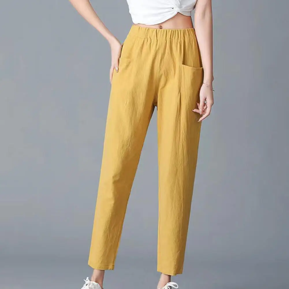 Women Pants Elastic Waist Loose-fitting Solid Color Ankle-length with Pocket new 2025 Decorative Flax Women Summer Wide Leg Pants