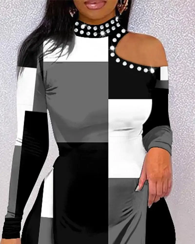 2025 Geo Print Split Hem Cold Shoulder Top & Pants Set Women 2pcs Clothes Suit Spring Summer Plaid Hollow Out Top new Pencil Pants