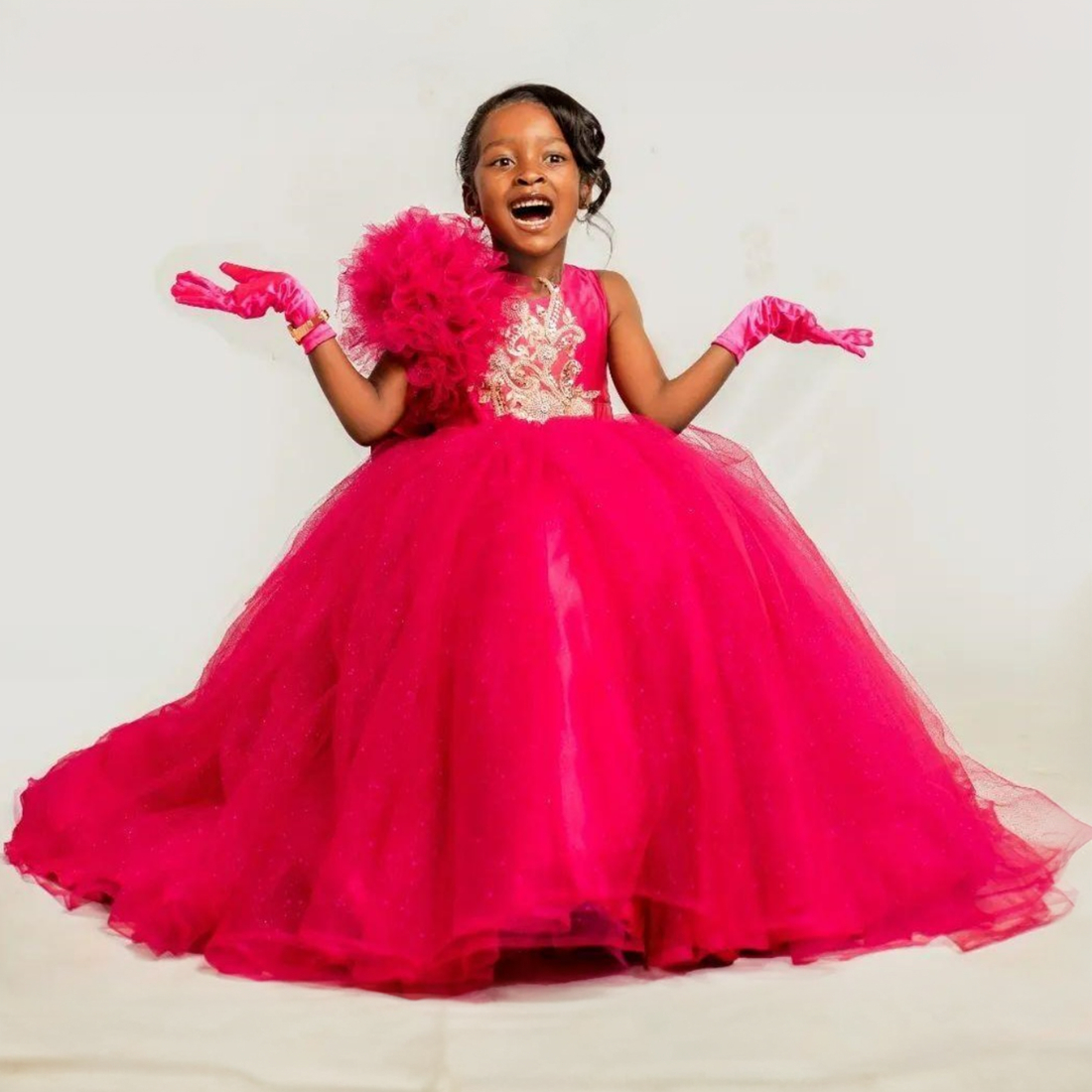 R&W 2024 Hot Pink wer Girl Dresses First Communion Jewel Tiered Tulle Princess Queen Birthday Party Dress for Cute Little Children Girls F105