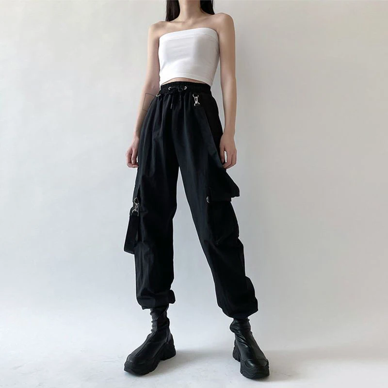 Emo Crop Top Black Cargo Pants Egirl Suit Alt Clothes 2025 Sexy Gothic Overalls T-shirt Techwear Joggers Punk Y2k Sweatpants new Hip Hop