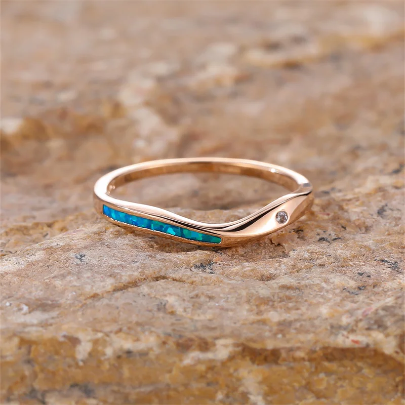 Luxury Crystal Small Round Stone Ring White Blue Opal Engagement Thin Rings For Women Rose Gold Silver Color Wedding Bands Gifts