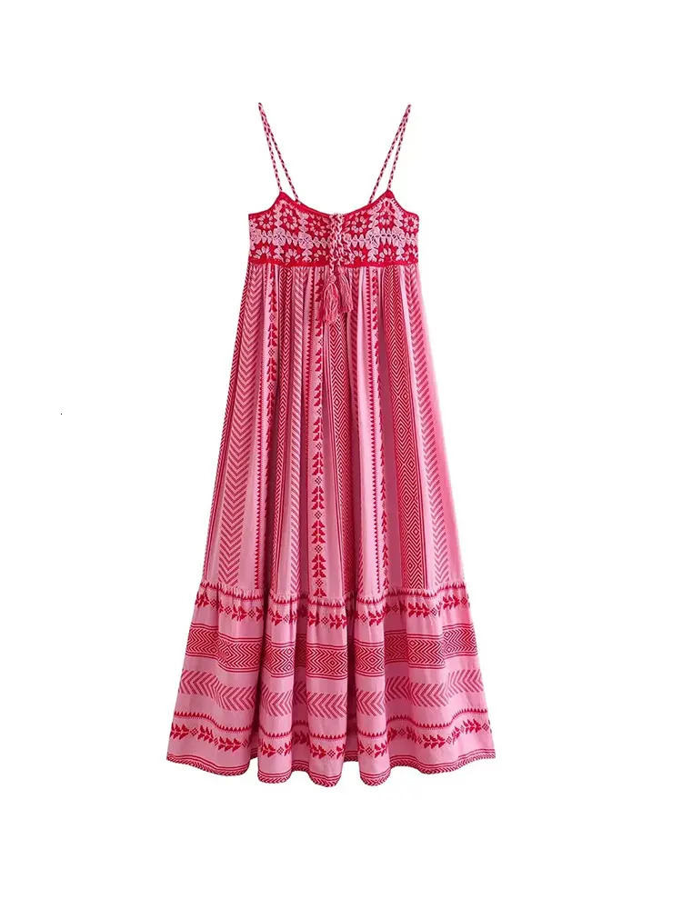 Nlzgmsj TRAF - Women Bohemian Midi Dress Vacation Charm Splice Knitted Vintage Strap Dress Women Vestidos Mujer 240319