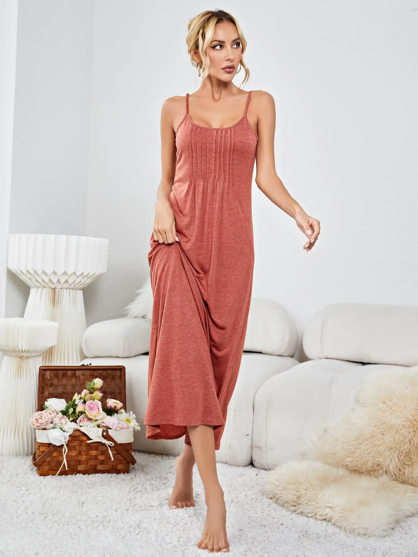 Solid BrickRed Womens Long Nightgowns Spaghetti Strap Scroop Neck Sleep Shirts Loose Lounge Sleepwear Dresses Home Wear Suit