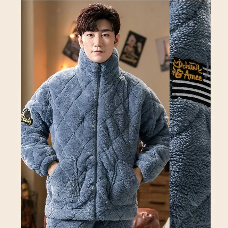 2023 New Autumn Winter Style Coral Velvet Men Stand Collar Pajamas Three-layer Quilted Thickened Flannel Home Clothes Warm Suit