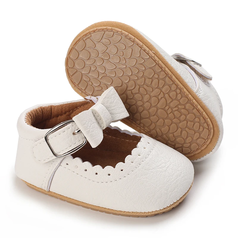 Baby Girl White Baptism Shoes Infant Toddler Bowknot Non-slip Rubber Soft-Sole Flat PU First Walker Newborn Bow Decor Mary Janes