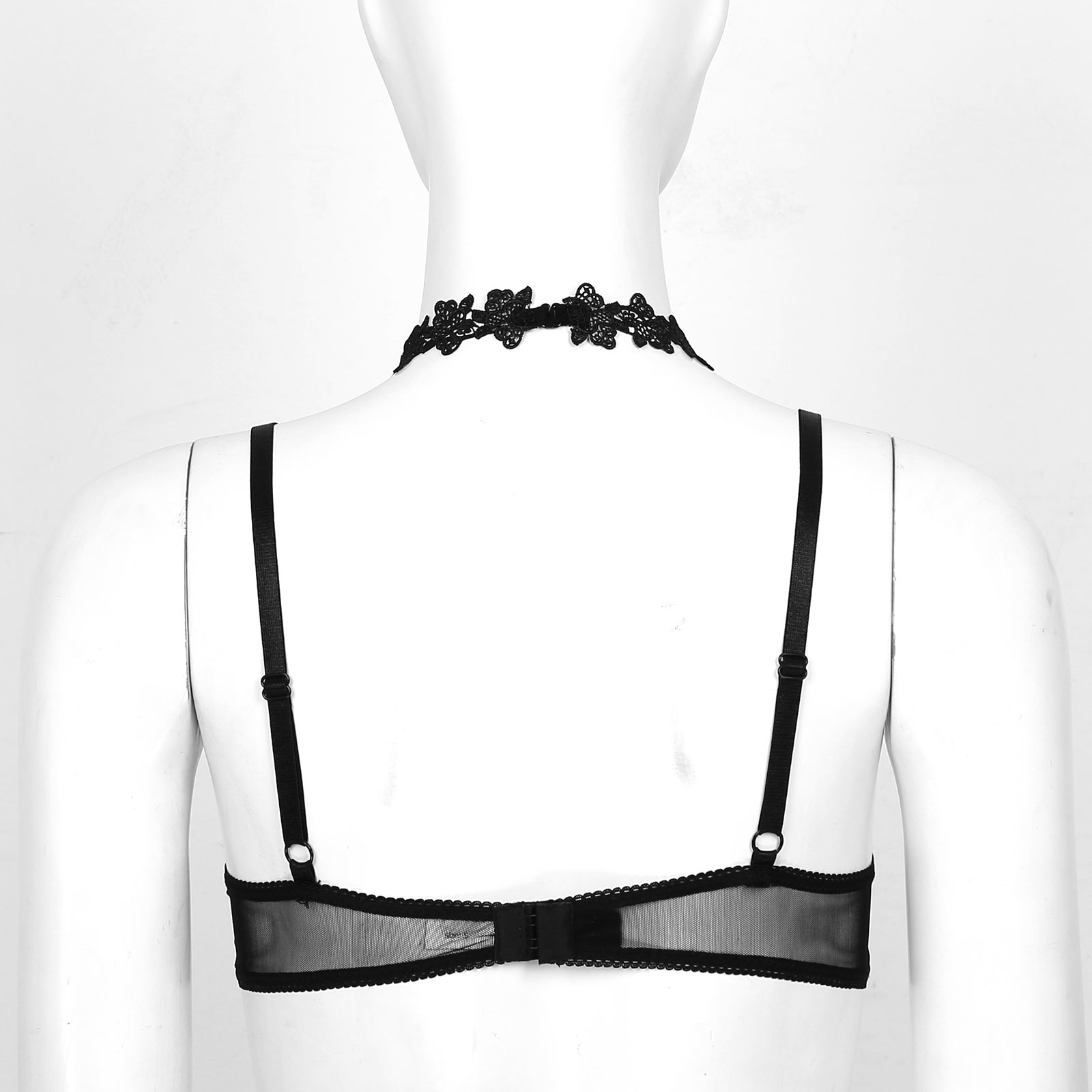 Women See-through Floral Lace Sheer Underwired Push Up Bra Tops Halter Bare Breast Underwear for Lingerie Night Honeymoon