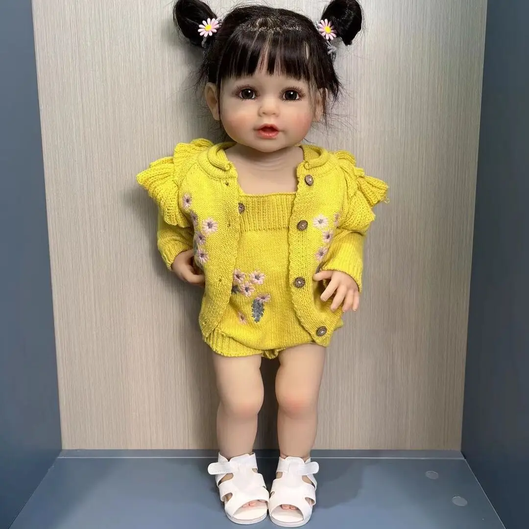 55CM full new body soft silicone vinyl Reborn Toddler Girl Doll Black hair lifelike Really Baby Doll Christmas Gift 2025 for Girl