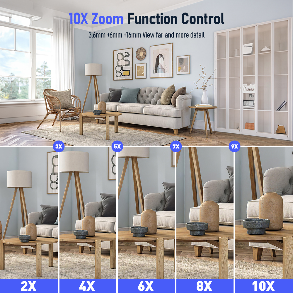 Camcamp 5K Smart Wifi IP Camera PTZ Outdoor Three Lens Screen Preview 10X Zoom 6K CCTV Video Surveillance Camera 360° Protection