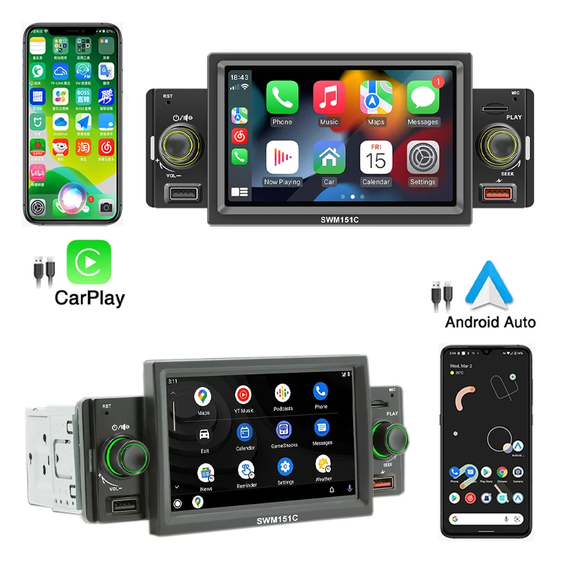 1 Din Car Radio CarPlay Android-Auto 5 Inch MP5 Player Bluetooth Hands Free A2DP USB FM Receiver Audio System Head Unit SWM151C