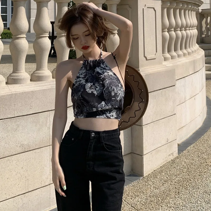 Women's Retro Print Halte Bandage Camisole Summer Slim Sexy Exposure Navel Tank Tops
