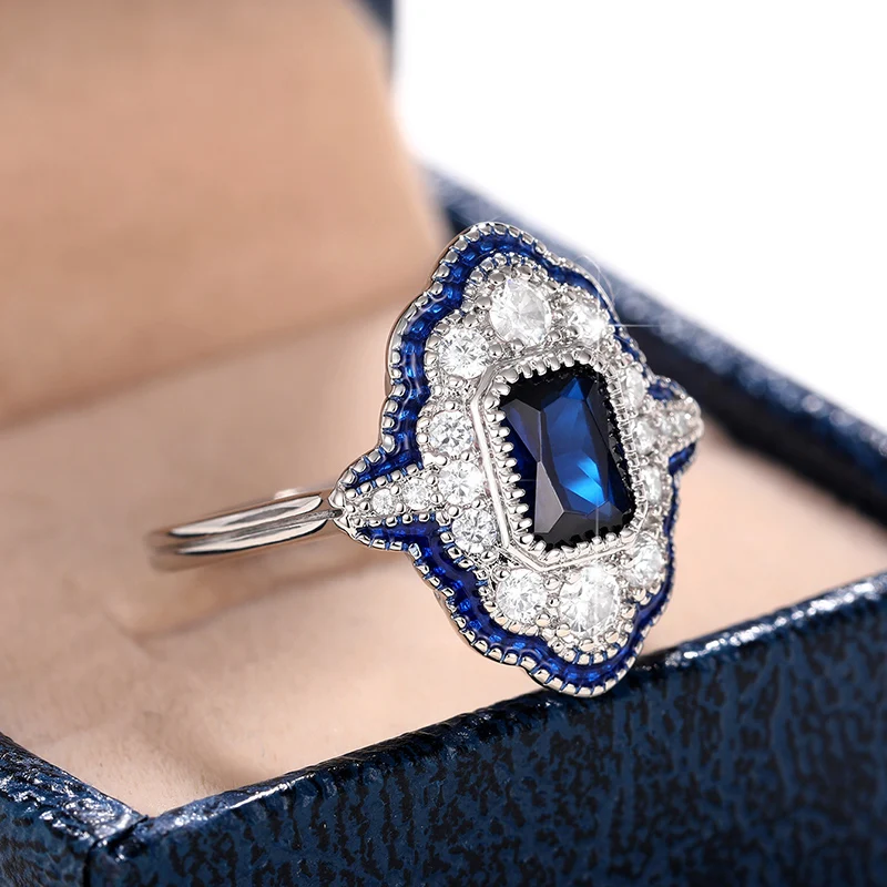 Huitan Retro Blue Rings Women Anniversary Evening Party Dazzling Cubic Zirconia Silver Color Elegant Lady's Ring Vintage Jewelry