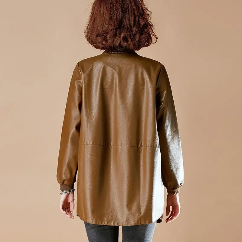 2023 Spring and Autumn Women's Mid Length new Leather Jacket PU Baseball Uniform Commute Style Loose and Slimming Faux 2025 Leather Coat