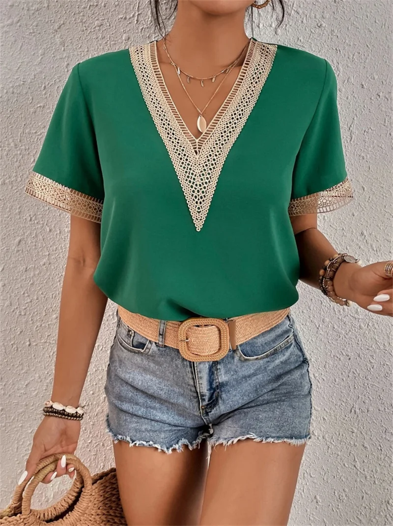Women's V-neck Splicing Lace Blouse Elegant Commuter Loose Short 2025 Sleeve Shirt Female 2023 new Summer British Style Daily Casual Tops
