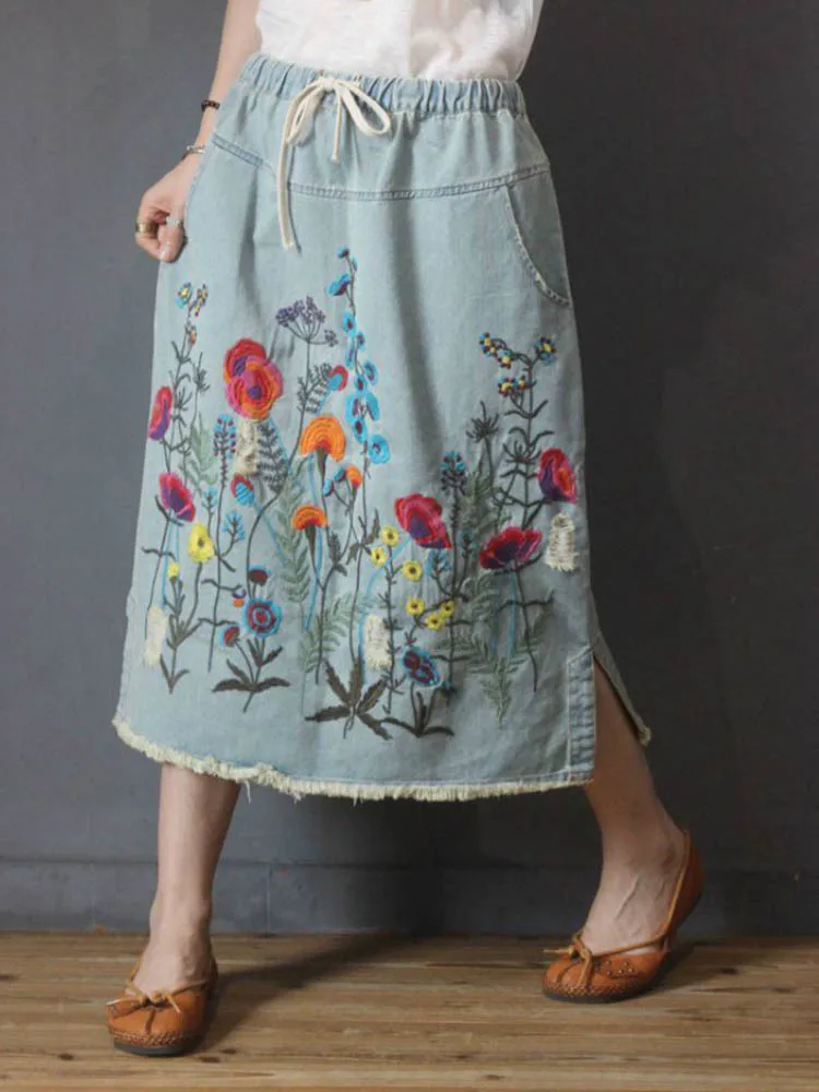 Max LuLu Korean Design Female Clothes Autumn Womens Luxury Vintage Loose Embroidery Denim Skirts Ladies Casual Floral Streetwear