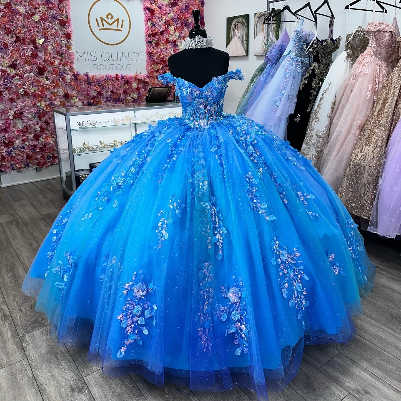 Blue Sequined Appliques Beading Shiny Crystal Tull Ball Gown Quinceanera Dresses Off The Shoulder Corset Vestidos De 15 Anos